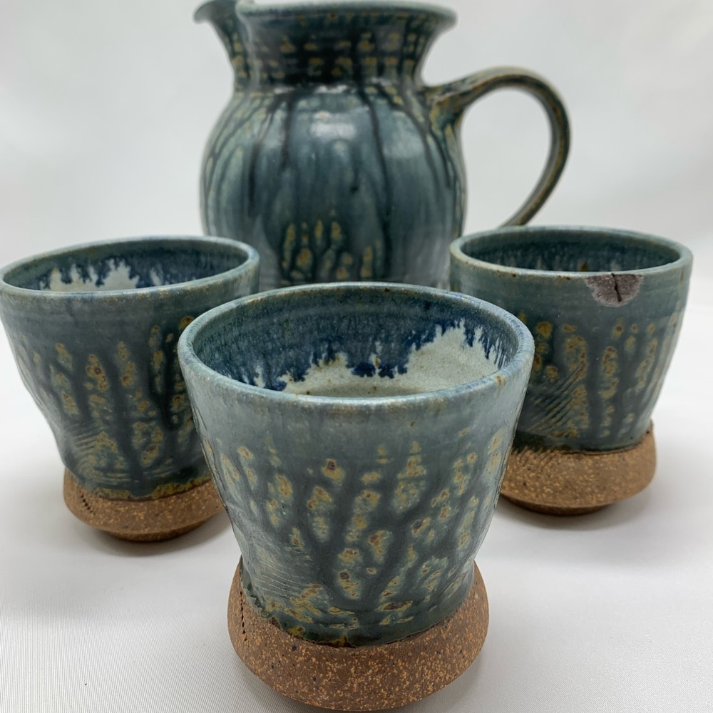 Handmade Drip Glazed Pottery Pitcher With 3 cups